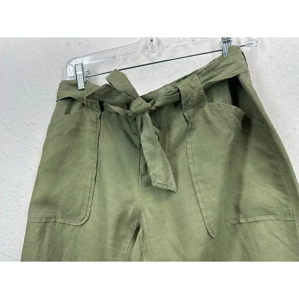 Banana Republic Cropped 100% Linen Pants Satin Waistband & Ankle Ties. Size 8P